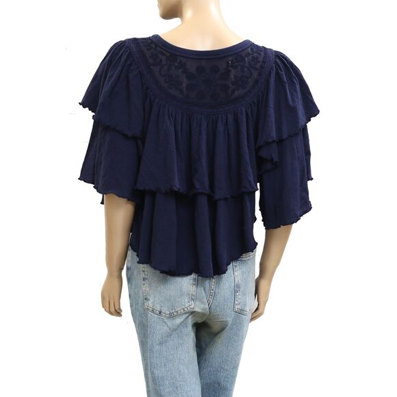 Free People Rose Party Tee Blouse Top Swingy Lace Embroidered Ruffle M 281559 - Picture 5 of 6